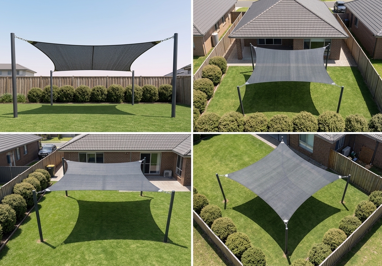 A blue four-point shade sail fixed between a house and two steel posts over a concrete patio