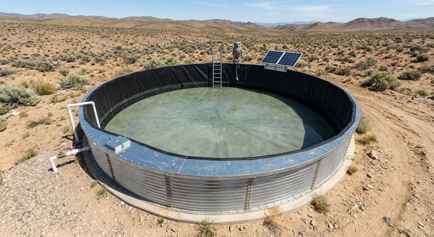 A round corrugated steel water tank with a black liner, on a concrete base in dry country