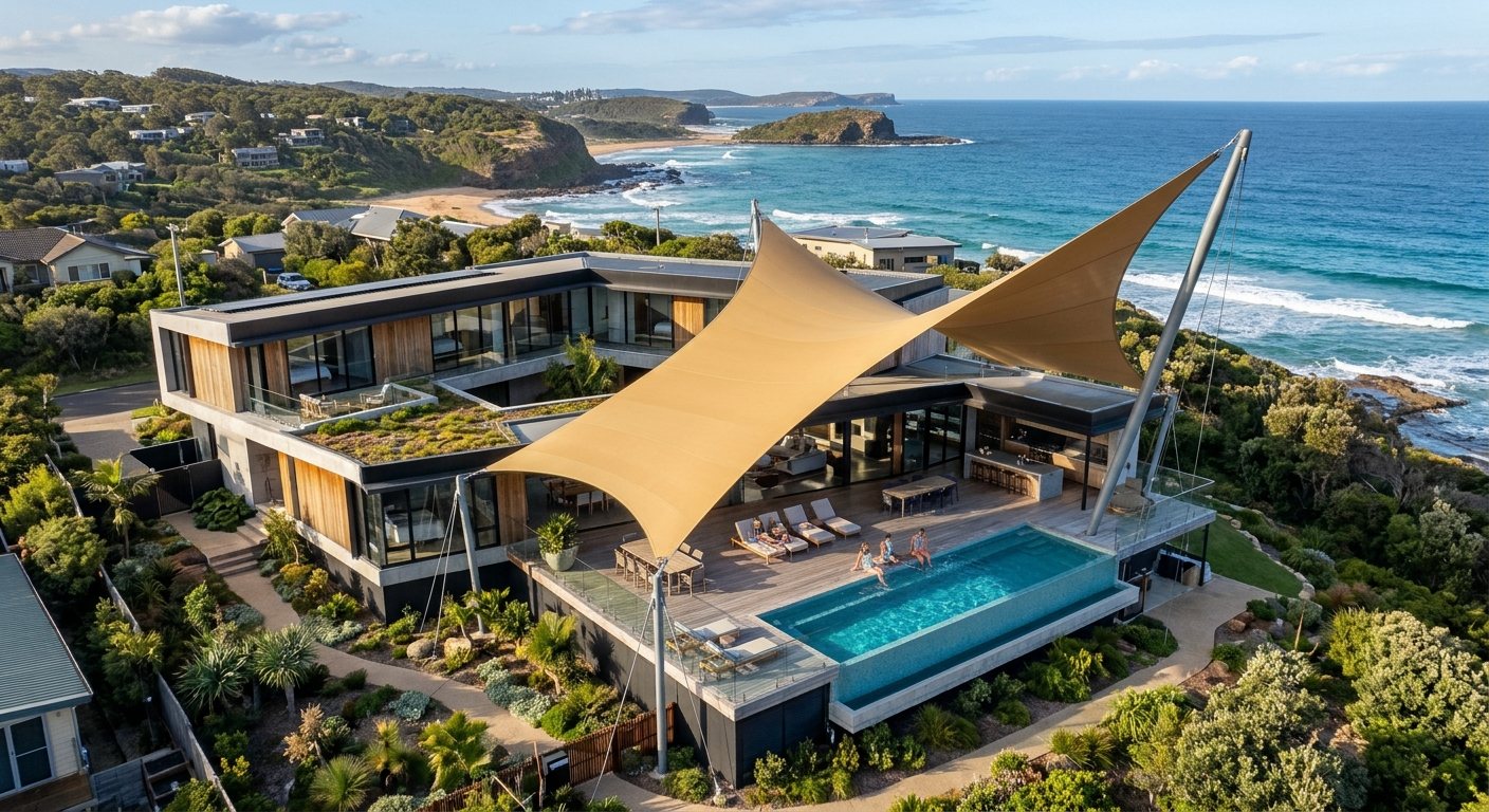 A sand-coloured tensile sail on raked steel masts over a coastal house deck and pool
